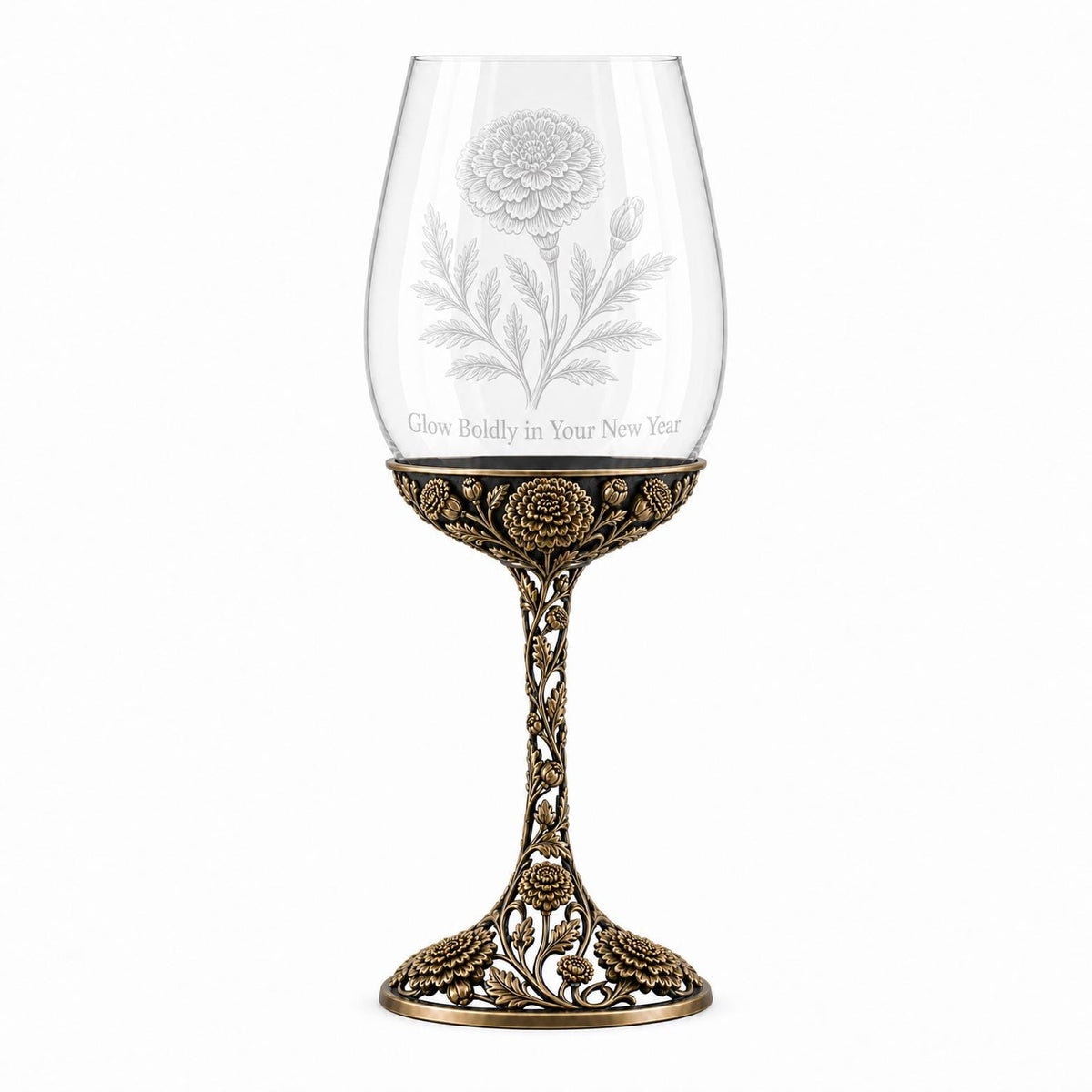October Marigold Wine Glass, Personalised Birth Flower, Openwork Brass Stem, Custom Etched Gift
