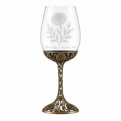 October Marigold Wine Glass, Personalised Birth Flower, Openwork Brass Stem, Custom Etched Gift