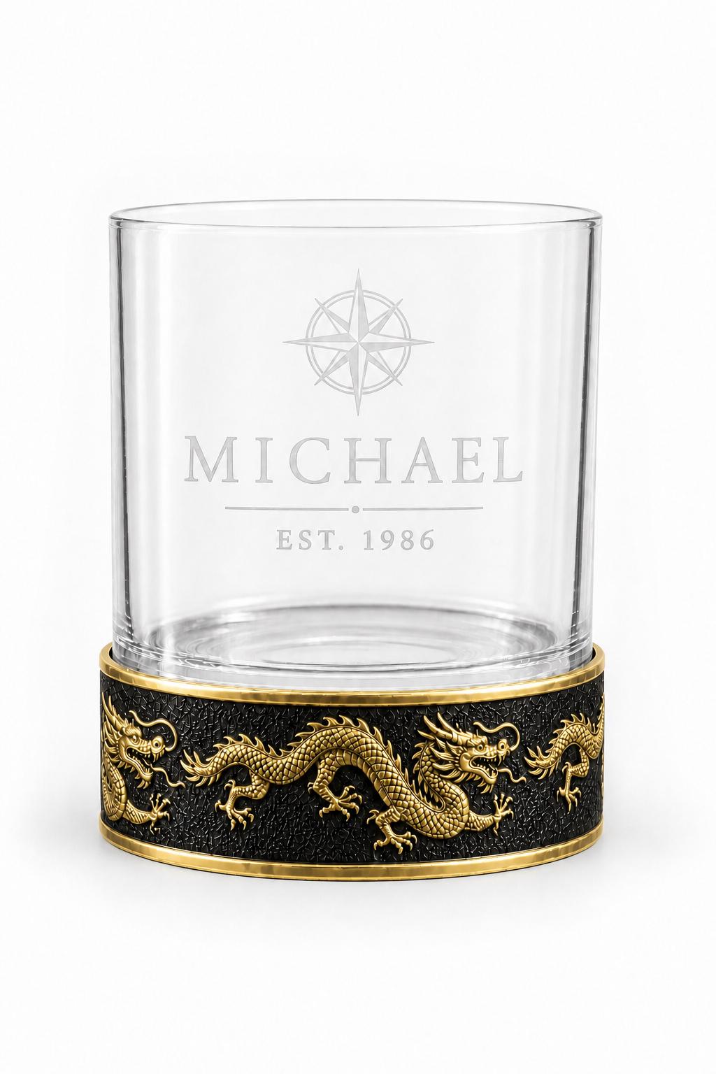 Personalised Laser Etched Brass Base Whiskey Glass | Signature Name/Logo Glasses | Dragon Metal Design