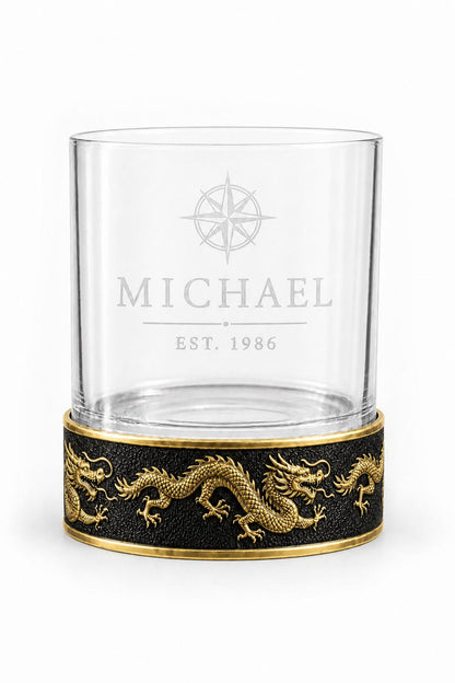 Personalised Laser Etched Brass Base Whiskey Glass | Signature Name/Logo Glasses | Dragon Metal Design