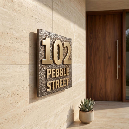 Custom House Number Sign | Electroformed Brass Address Plaque | 5 Finishes | Floating Mount | Housewarming Gift
