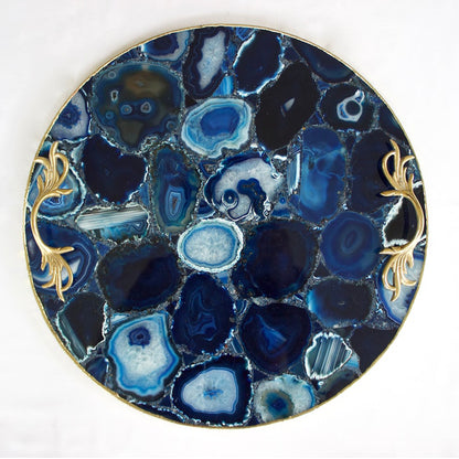 Blue Agate Serving Tray With Brass Handles | Circular