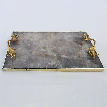 Smoky Quartz Agate Serving Tray With Brass Handles