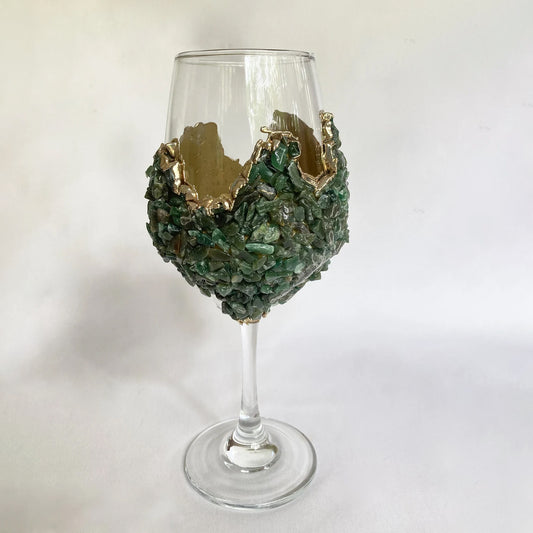 Set of 2 |Crystal Wine Glasses with Gold Plated Dark Green Agate/Quartz Semi-precious Crystals | 16 oz/465 ml