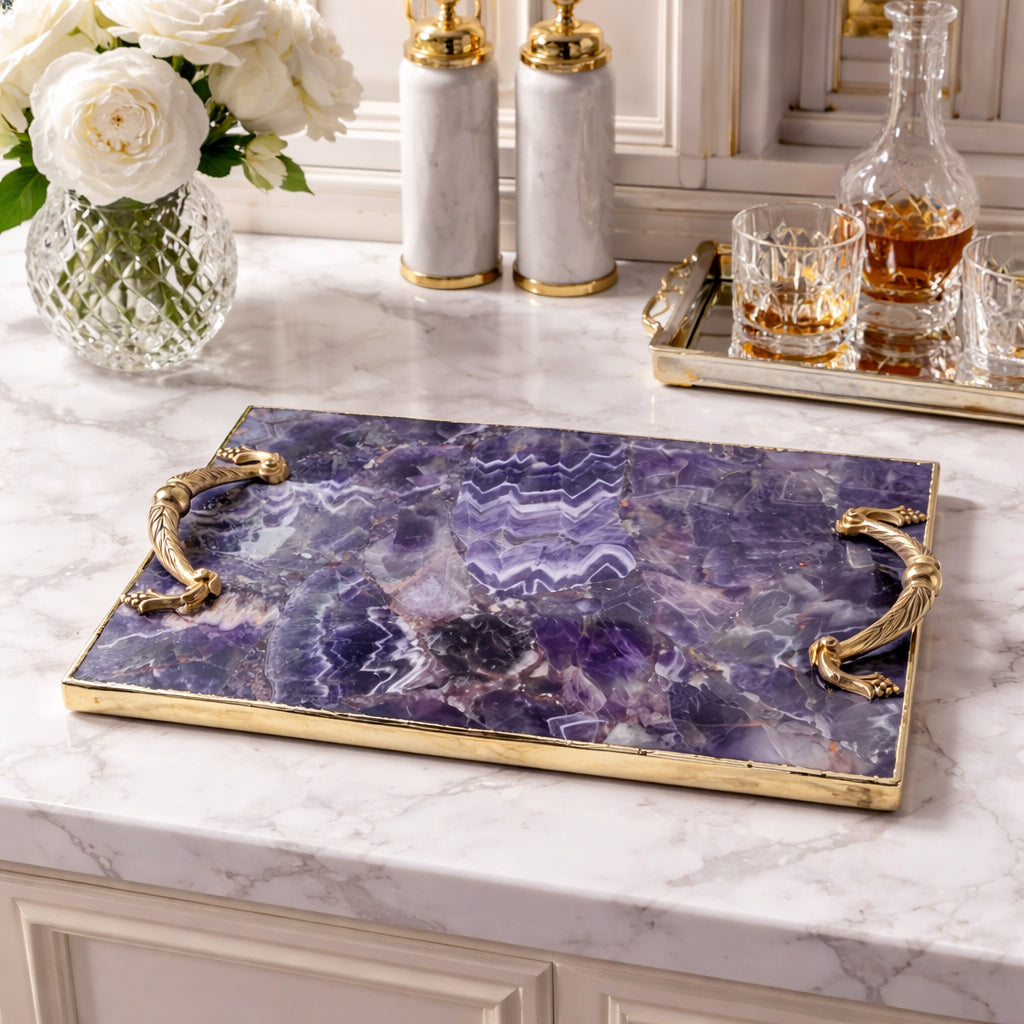 No two amethyst serving trays are alike