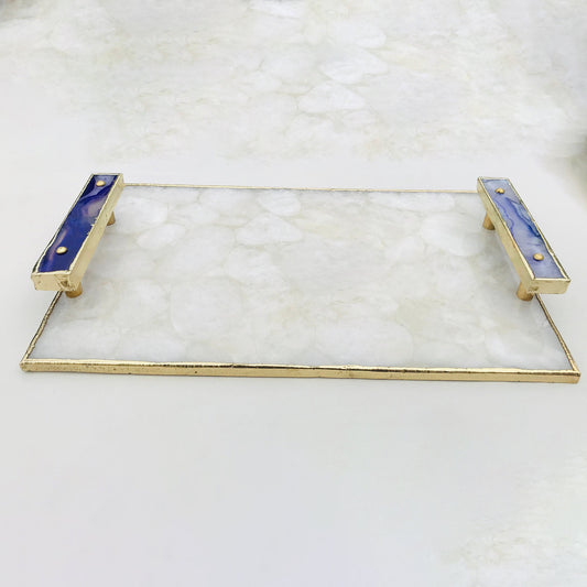 White Crystal Agate Plated Serving Tray With Purple Agate/Onyx Handles/Personalised Momentos/Sign Boards