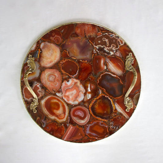 Red Agate Serving Tray With Brass Handles | Circular
