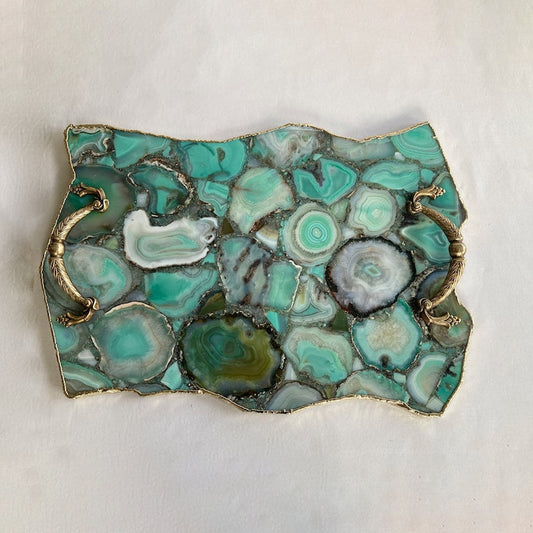Large Green Agate Serving Tray With Brass Handles/Personalised Momentos/Sign Boards 10"x15"