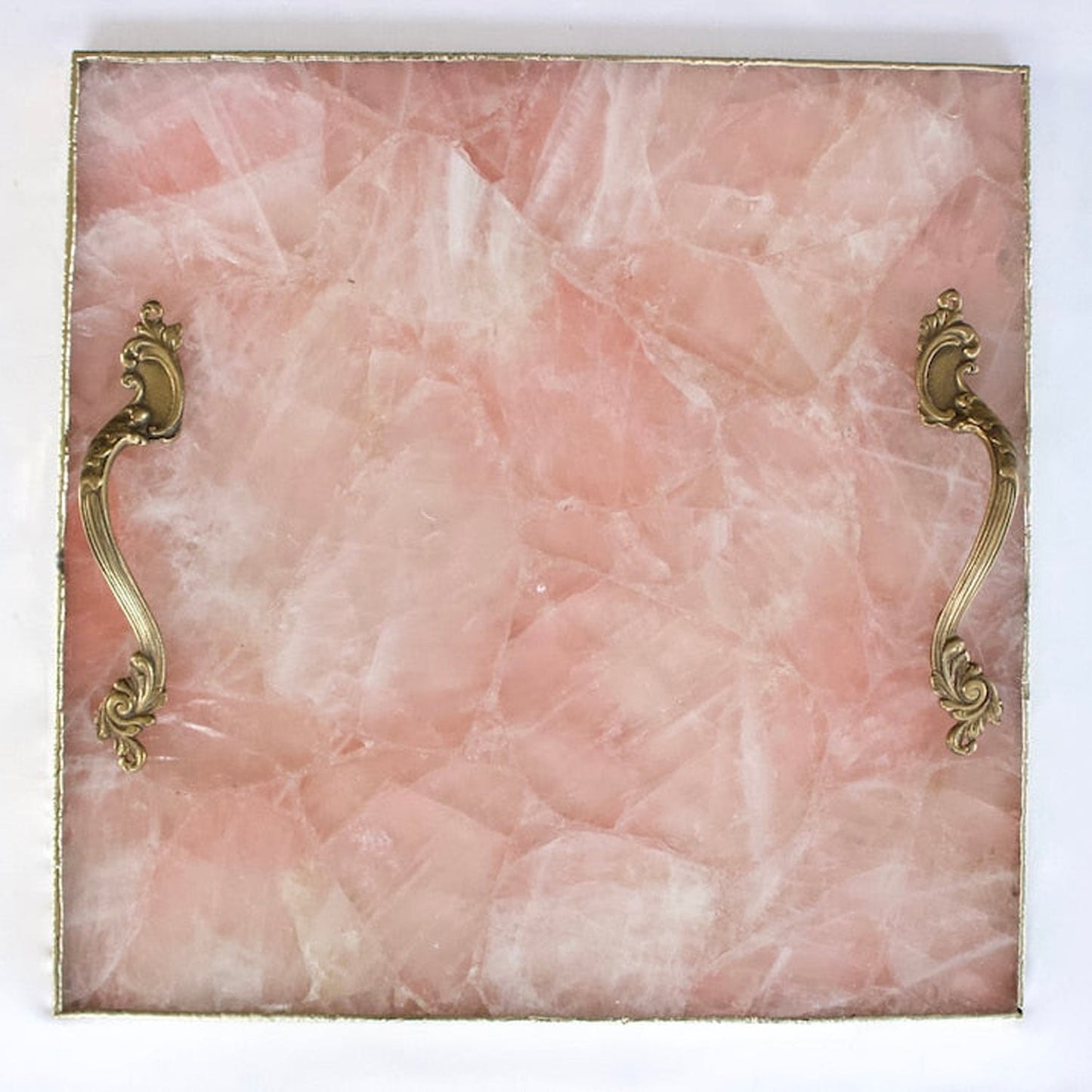 Rose quartz square serving tray with Classic Scroll brass handles