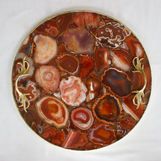 Red Agate Serving Tray With Brass Handles | Circular