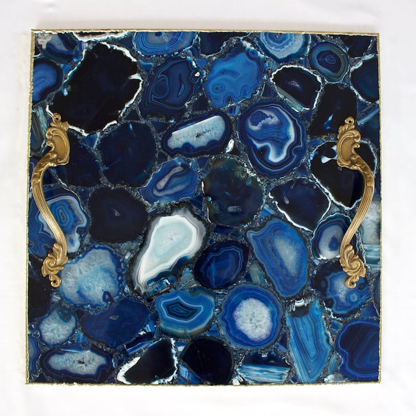 Blue Agate Serving Tray With Brass Handles | Square
