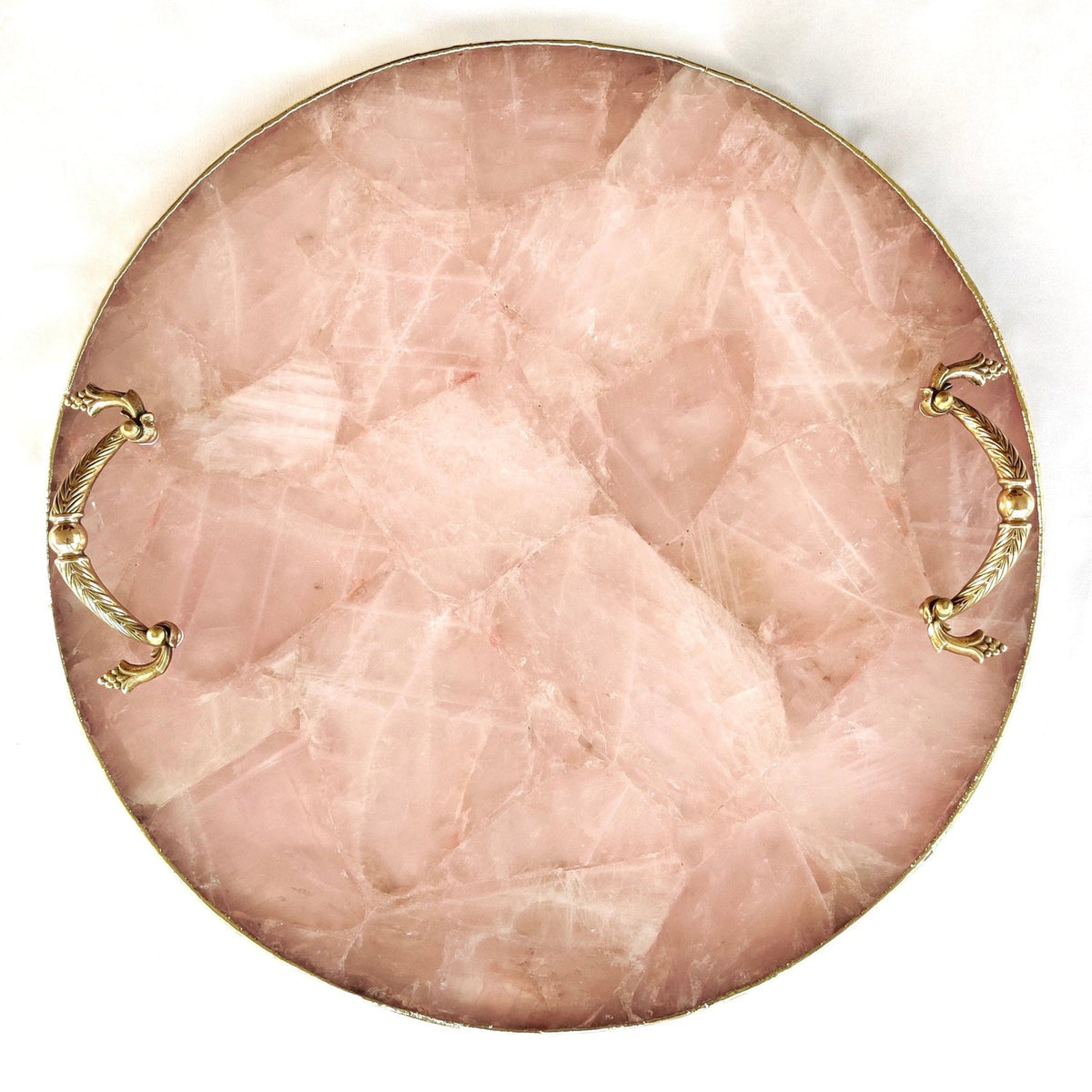 Rose quartz round serving tray with Laurel Arch brass handles