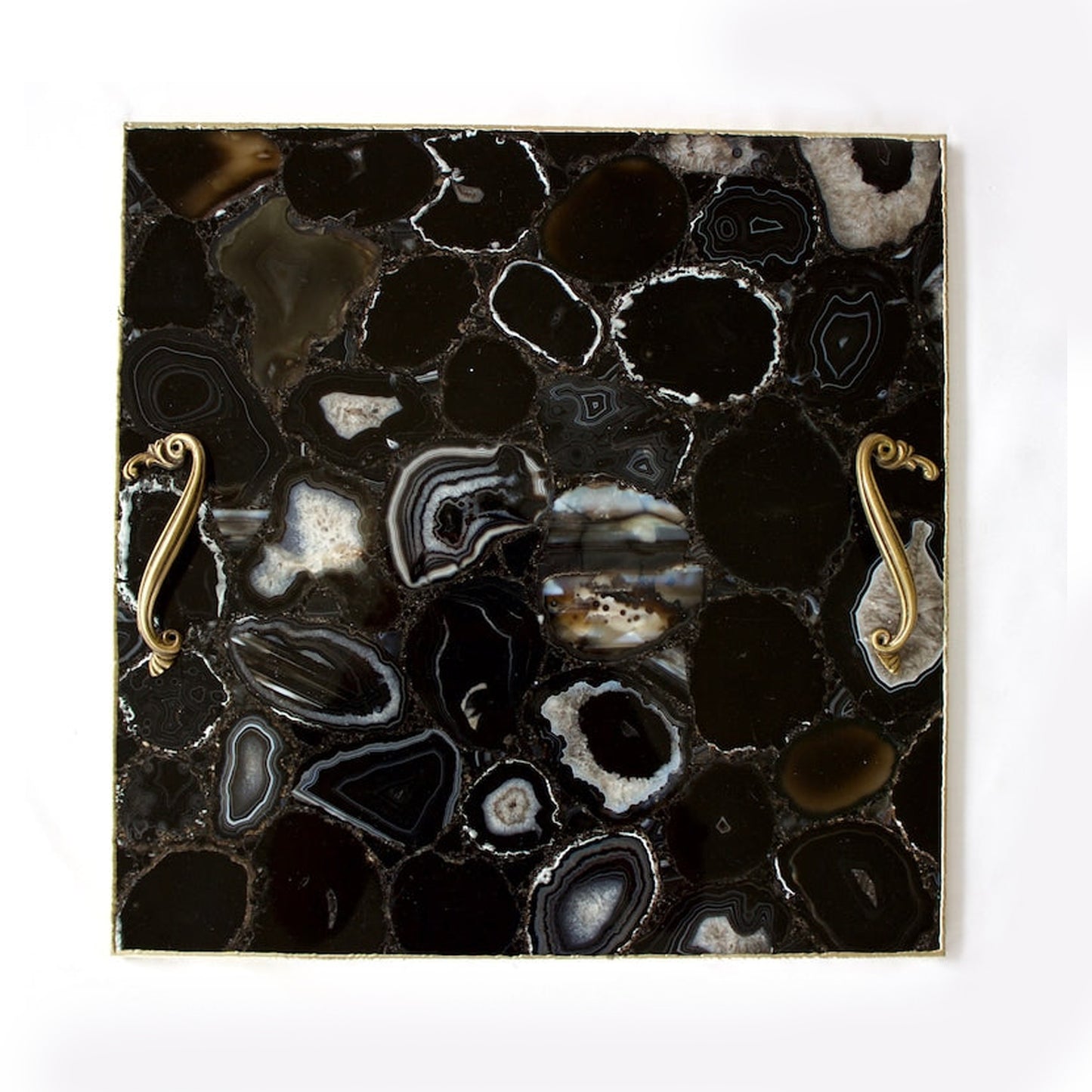 Black Agate Serving Tray With Brass Handles | Square