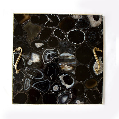 Black Agate Serving Tray With Brass Handles | Square