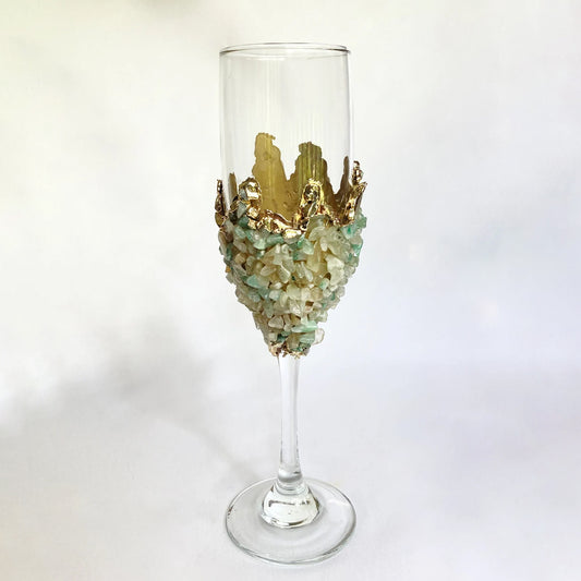 Set of 2 |Crystal Wine/Champagne Glasses with Gold Plated Light Green Agate/Quartz Semi-precious Crystals | 7 oz/215 ml