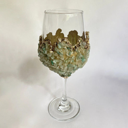 Set of 2 |Crystal Wine Glasses with Gold Plated Light Green Agate/Quartz Semi-precious Crystals | 16 oz/465 ml
