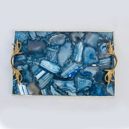 Blue Agate  Serving Tray With Brass Handles
