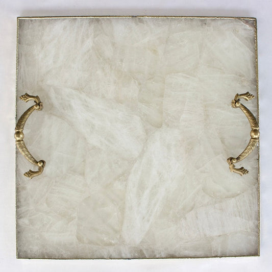 White Agate Serving Tray With Brass Handles | Square