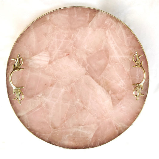 Rose Quartz Agate | Serving Tray With Brass Handles | Circular |
