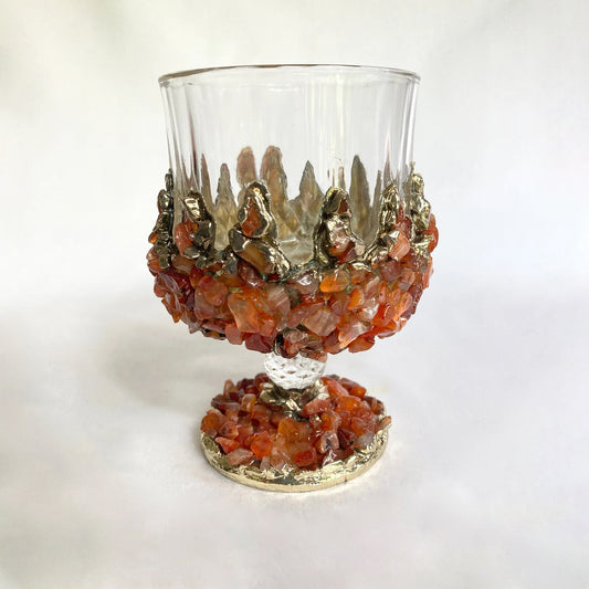 Set of 2 |Crystal Wine Glasses with Gold Plated Red Agate/Quartz Semi-precious Crystals | 7 oz/210 ml