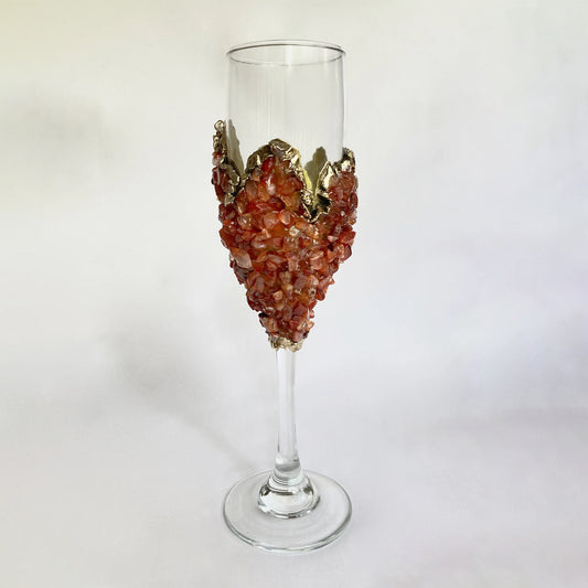 Set of 2 |Crystal Wine/Champagne Glasses with Gold Plated Red Agate/Quartz Semi-precious Crystals | 7 oz/215 ml