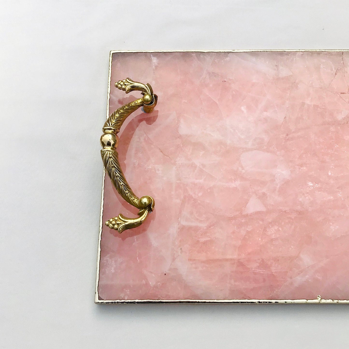 Rose Quartz Agate Serving Tray With Brass Handles