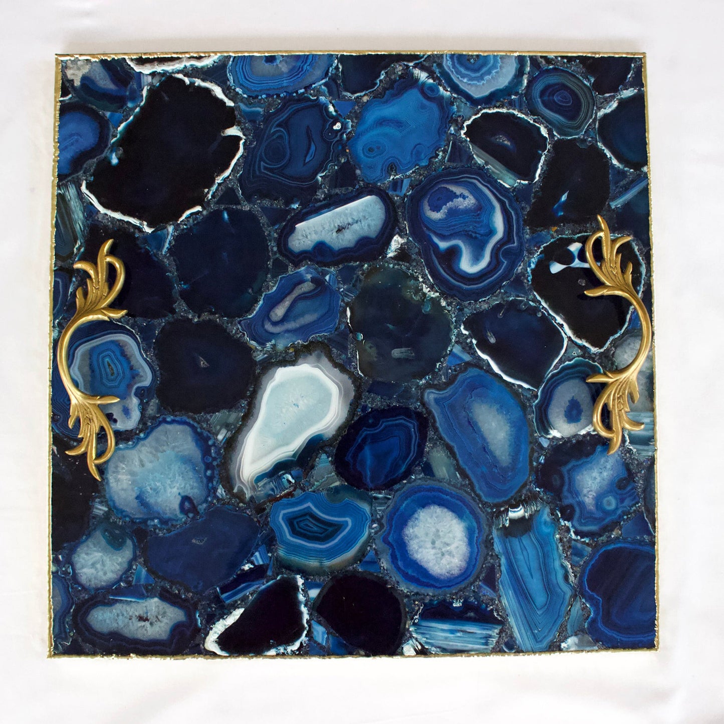 Blue Agate Square Serving Tray With Brass Handles | Square