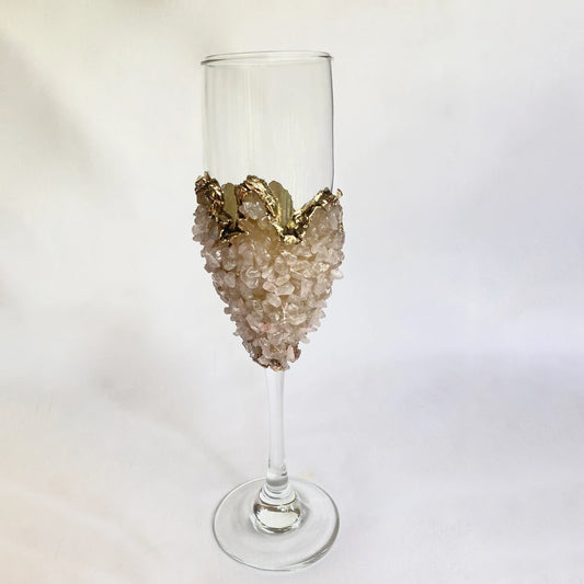 Set of 2 |Crystal Wine/Champagne Glasses with Gold Plated Rose Quartz Agate/Quartz Semi-precious Crystals | 7 oz/215 ml