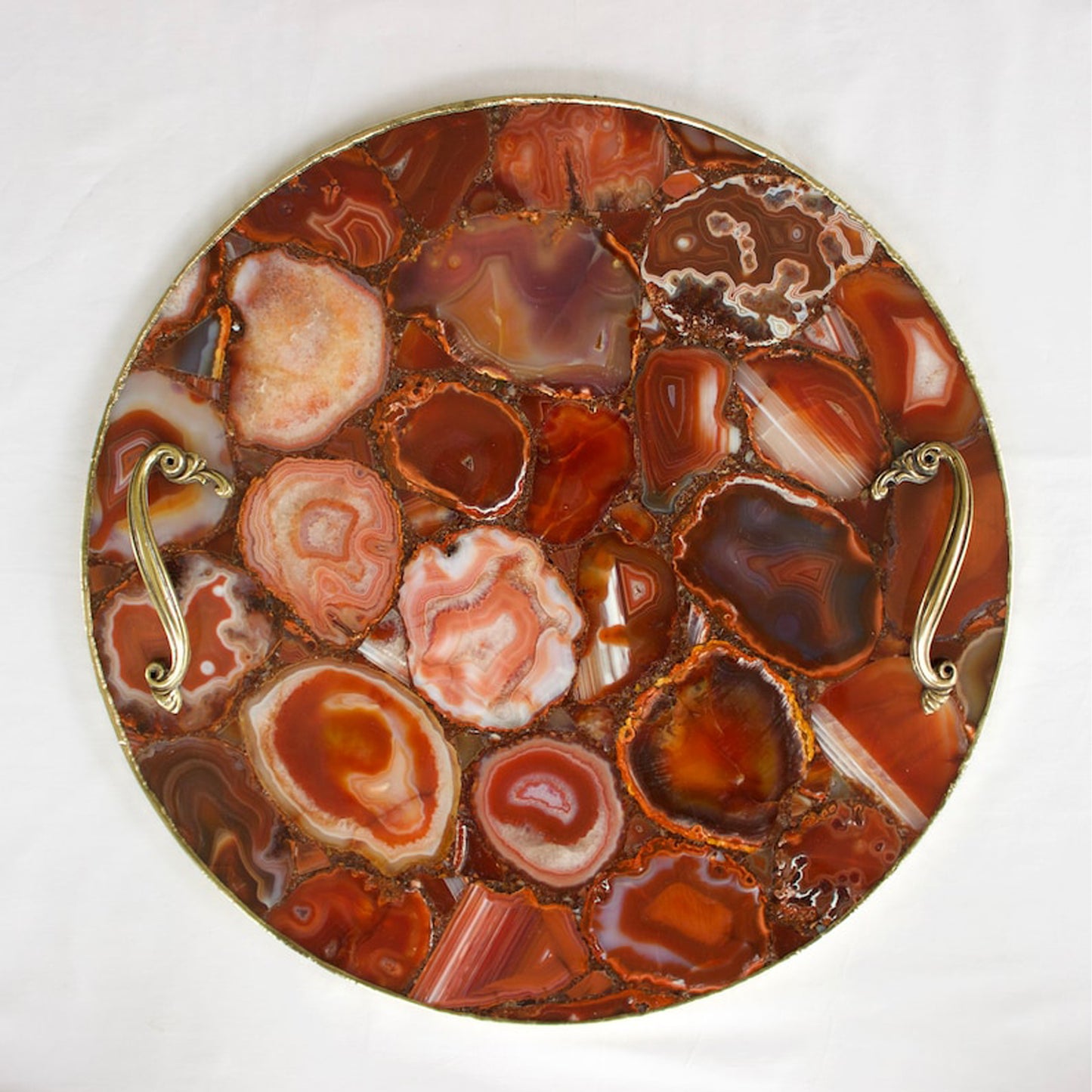 Red Agate Serving Tray With Brass Handles | Circular