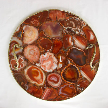 Red Agate Serving Tray With Brass Handles | Circular
