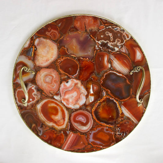 Red Agate Serving Tray With Brass Handles | Circular