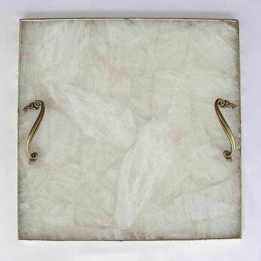 White Agate Serving Tray With Brass Handles | Square