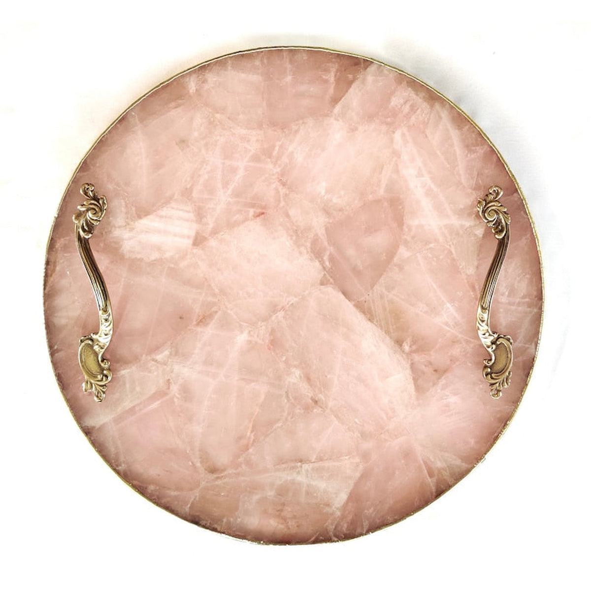 Rose quartz round serving tray with Classic Scroll brass handles