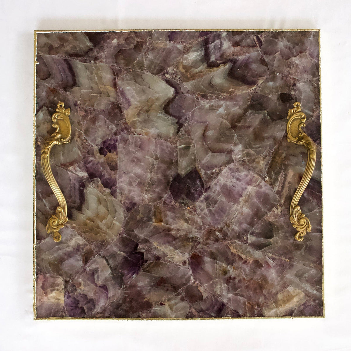 Square amethyst agate tray with Leaf Scroll handles