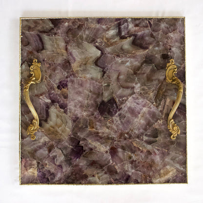 Square amethyst agate tray with Leaf Scroll handles
