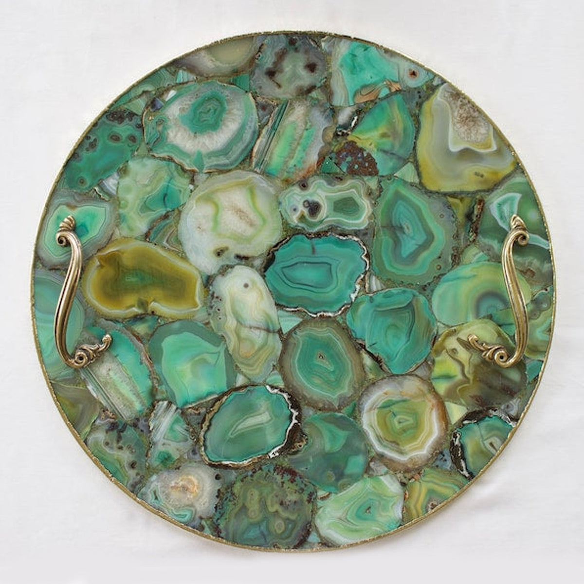 Green agate slices set into a round serving surface