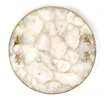 White Agate Serving Tray With Brass Handles | Circular |