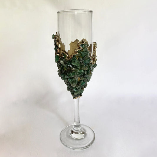 Set of 2 |Crystal Wine/Champagne Glasses with Gold Plated Dark Green Agate/Quartz Semi-precious Crystals | 7 oz/215 ml