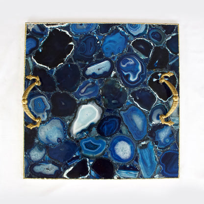 Blue Agate Serving Tray With Brass Handles | Square