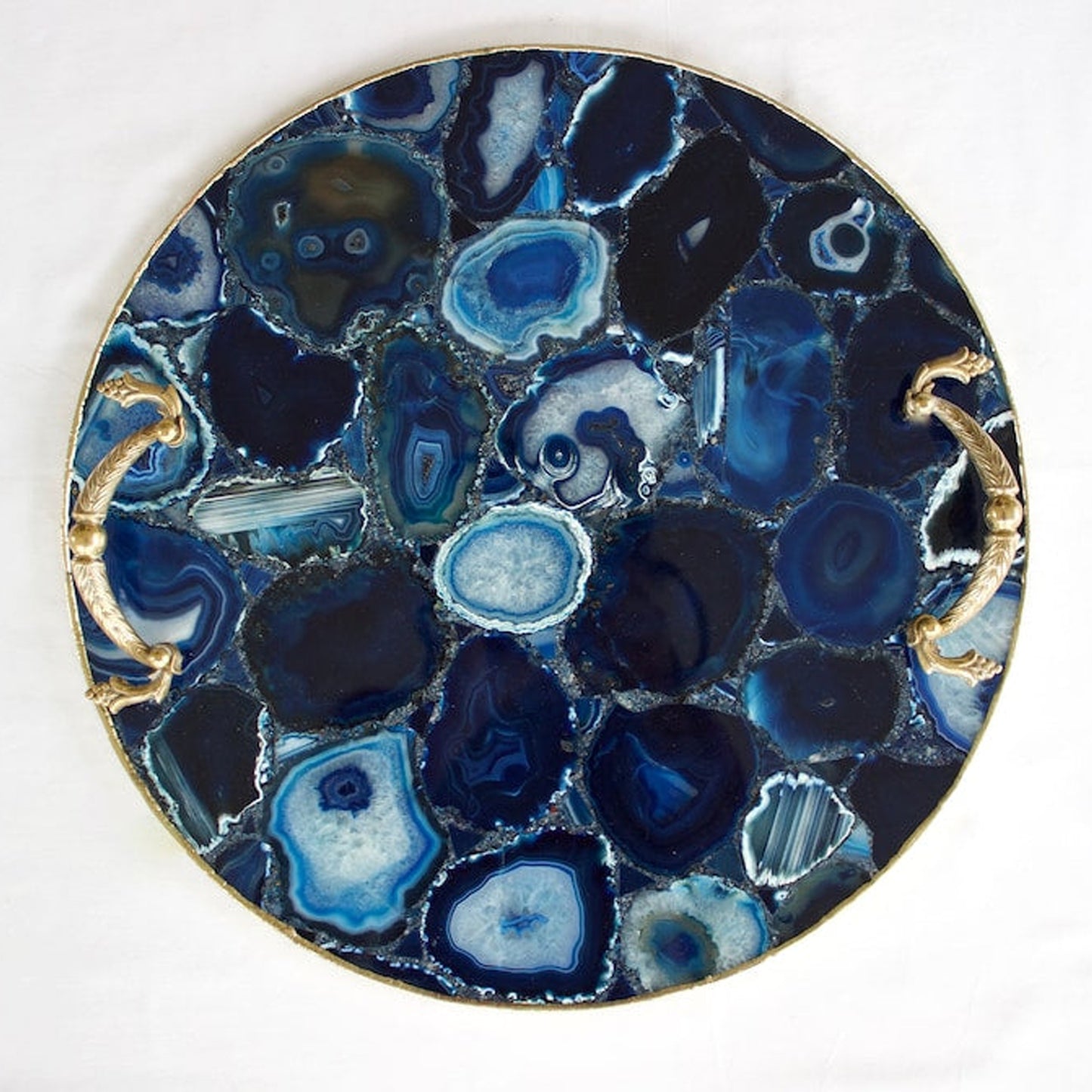 Blue Agate Serving Tray With Brass Handles | Circular