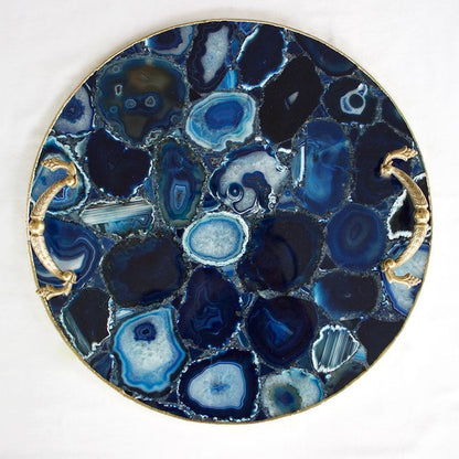Blue Agate Serving Tray With Brass Handles | Circular