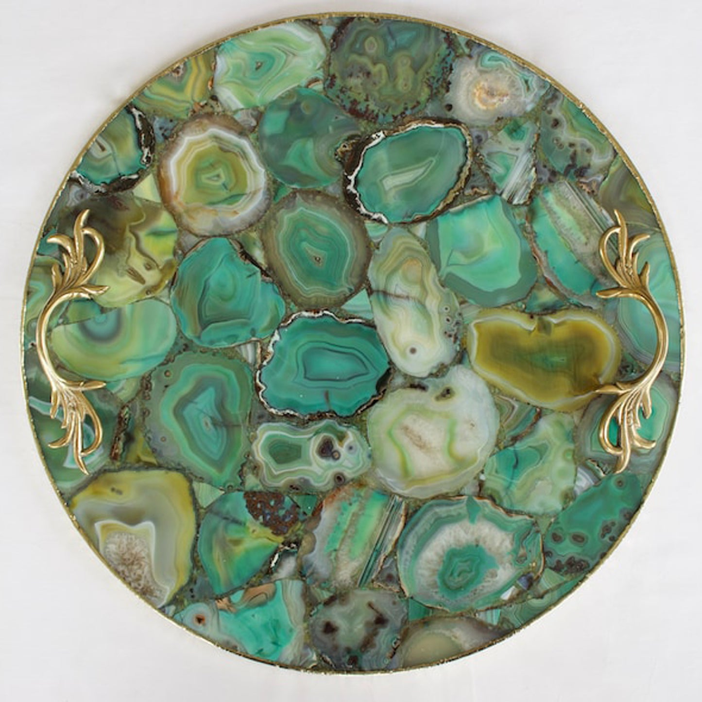 Green Agate Serving Tray With Brass Handles | Circular