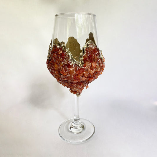 Set of 2 |Crystal Wine Glasses with Gold Plated Red Agate/Quartz Semi-precious Crystals | 16 oz/465 ml
