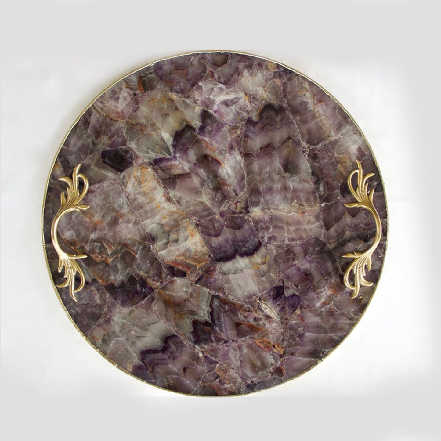 Amethyst Agate Round Serving Tray - Open Leaf brass handle