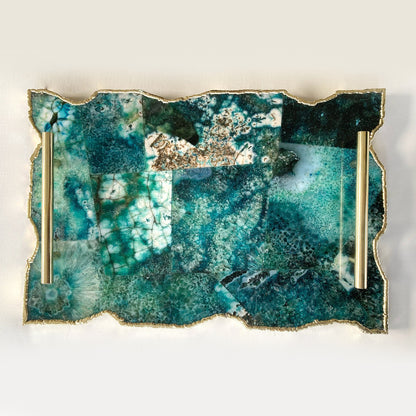 Large Composite Green Agate Serving Tray With Plain Modern Brass Handles/Personalised Momentos/Sign Boards 10"x15"