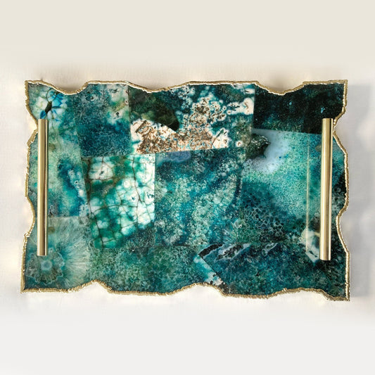 Large Composite Green Agate Serving Tray With Plain Modern Brass Handles/Personalised Momentos/Sign Boards 10"x15"