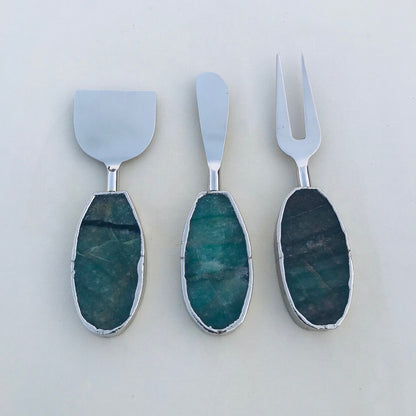 Set of 3 Green Agate Cheese Knives/Spreaders
