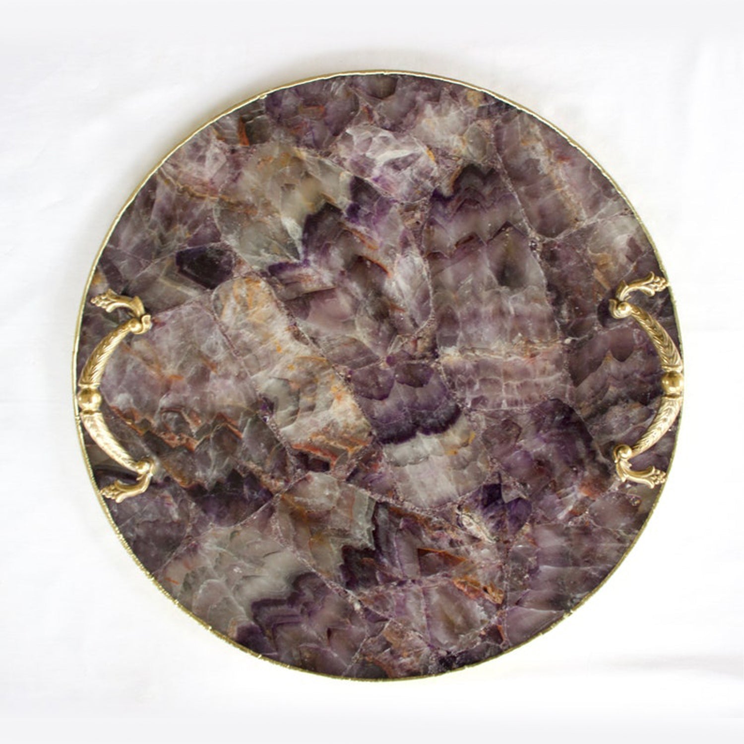 Amethyst Agate Round Serving Tray - Laurel Arch brass handle