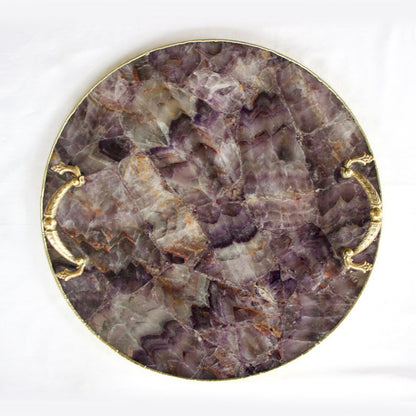 Amethyst Agate Round Serving Tray - Laurel Arch brass handle
