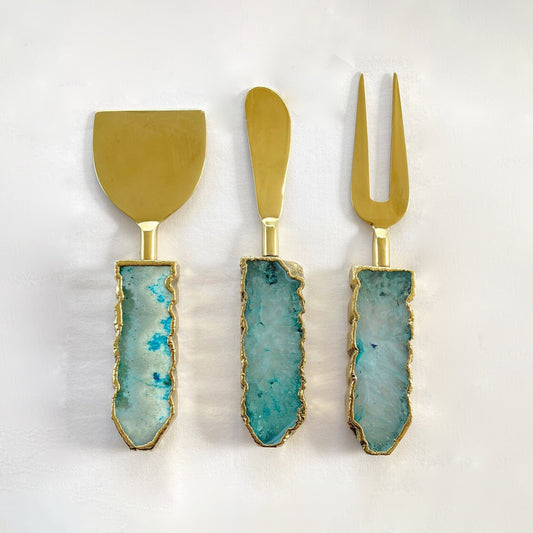 Set of 3 Aqua Agate Cheese Knives/Spreaders